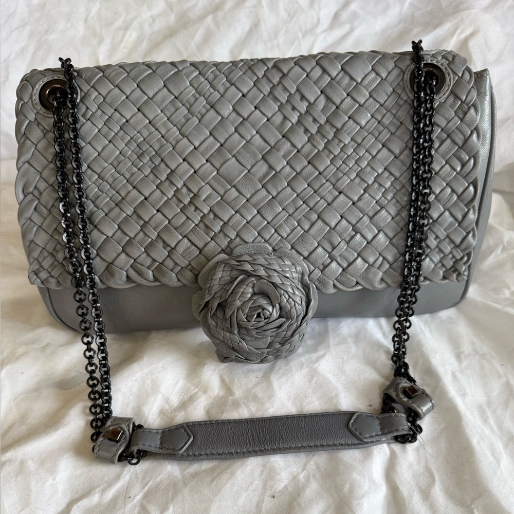 Laurent Effel rose st Barth intrecciato woven grey leather Italy chain Bag
